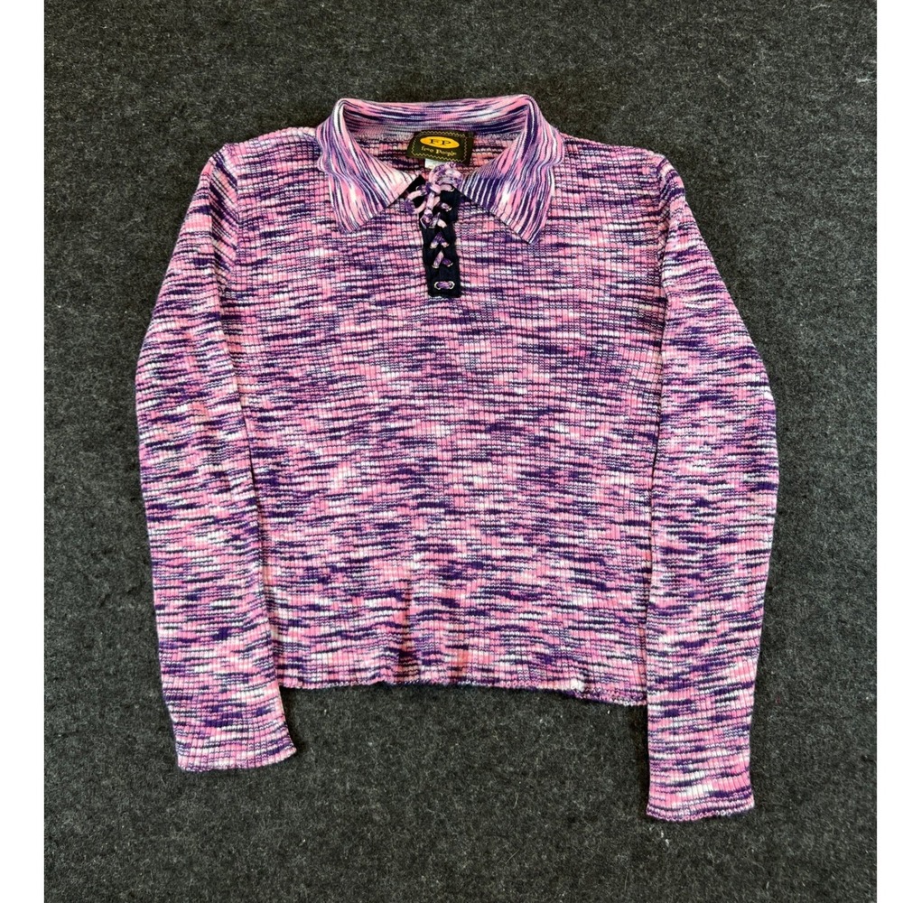 VTG Free People Sweater Womens Medium Pink Purple Space Dye Lace Up Knit Hippie
